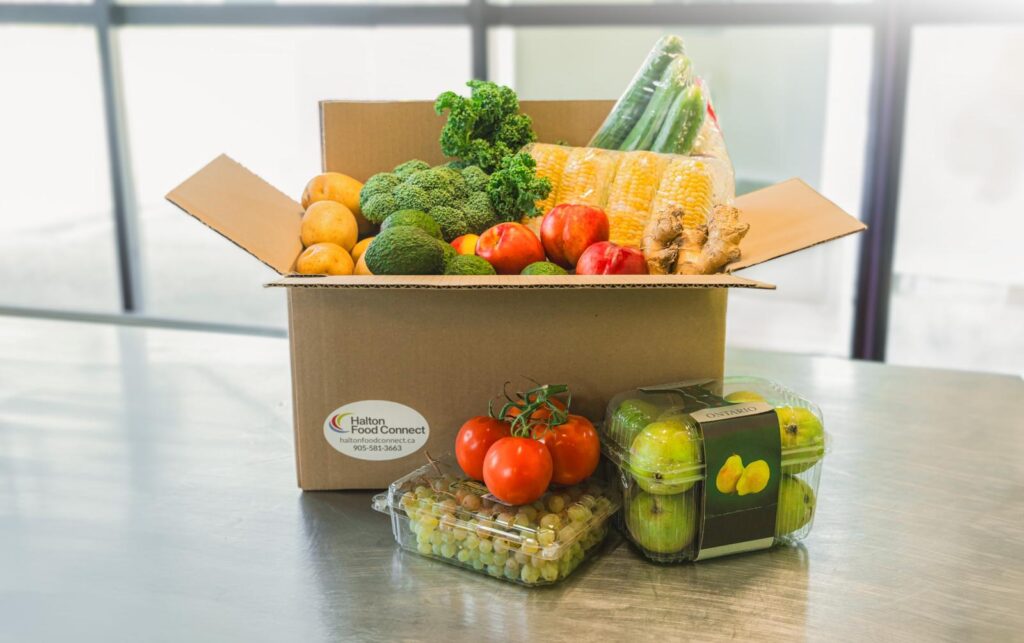 A photo of a box of groceries on a counter.